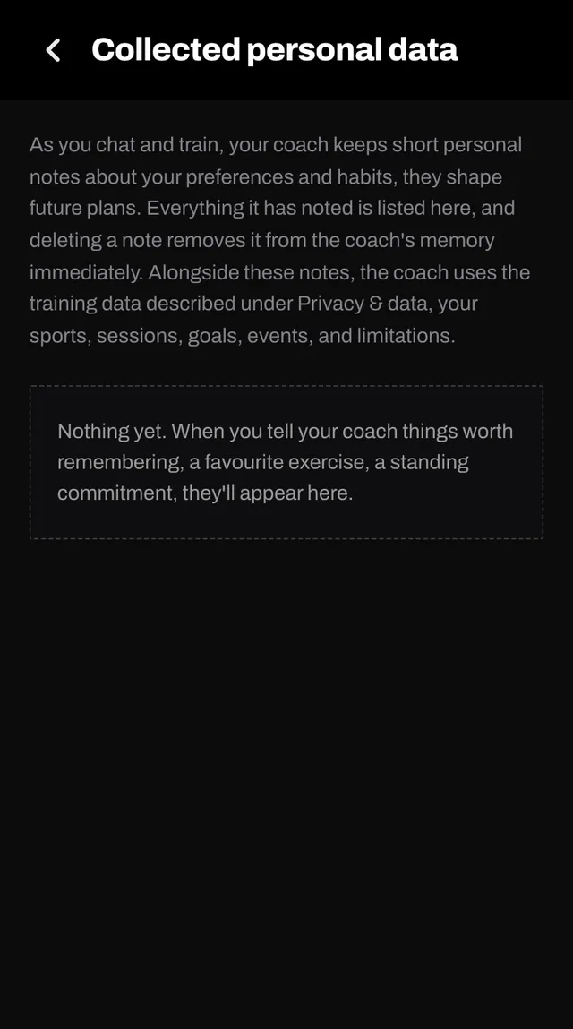 The collected personal data screen explaining that the coach keeps short notes, with an empty state