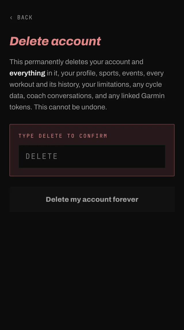 The delete account screen listing what will be removed and a field to type DELETE to confirm