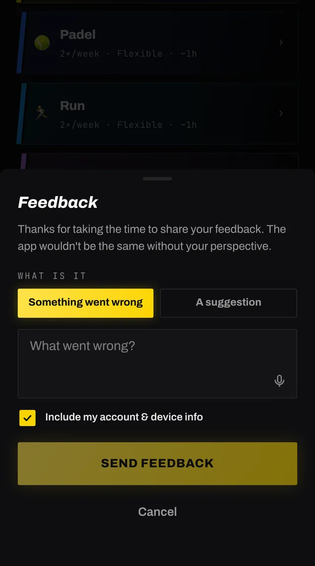 The feedback sheet with a what is it selector, a message box and an include my account and device info checkbox