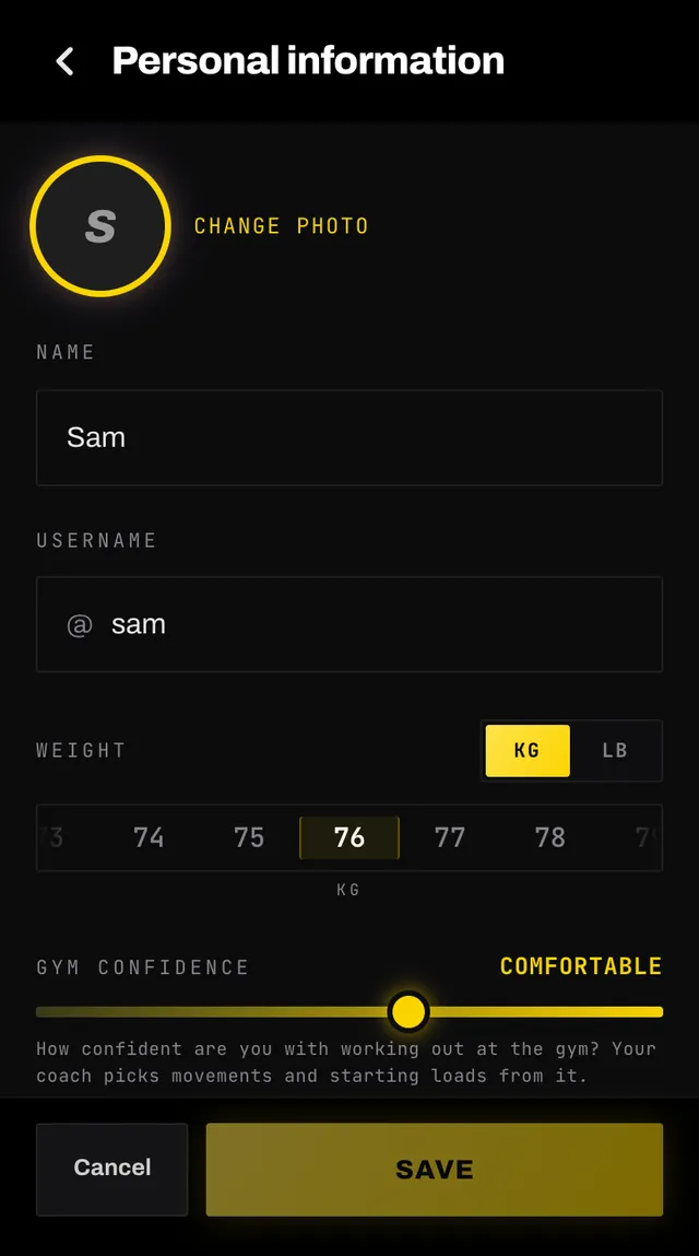The personal information screen with a profile photo, name and username fields