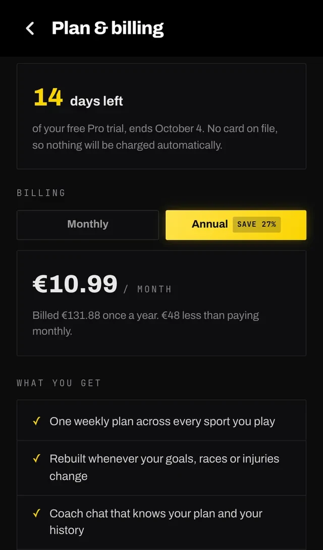 The plan and billing screen showing days left of the free Pro trial and monthly and annual billing options