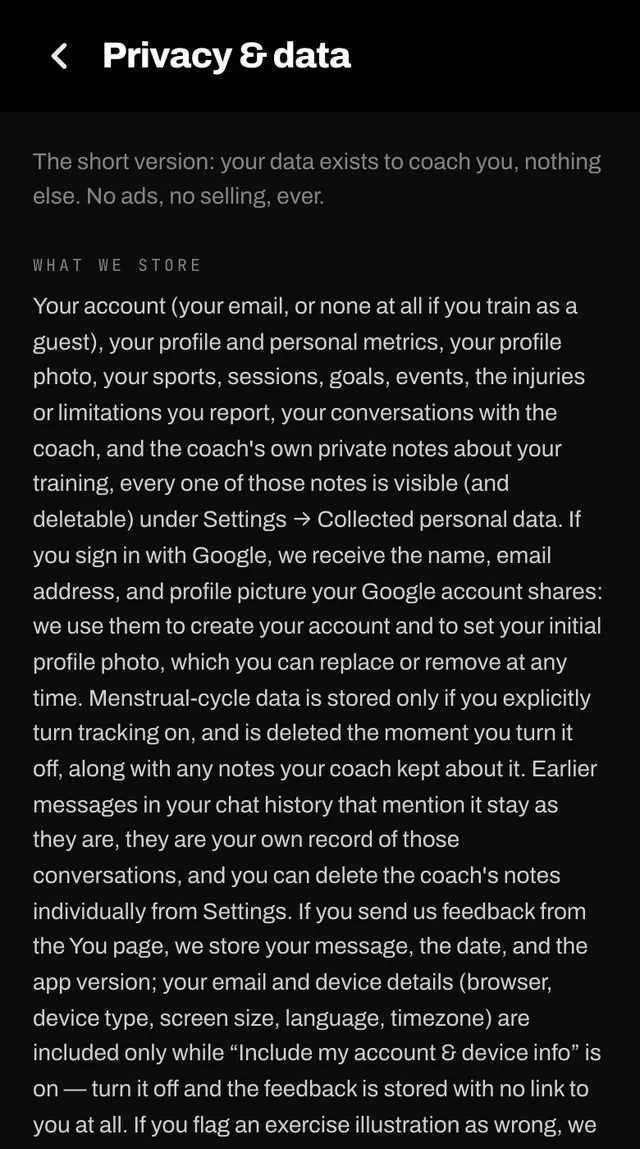 The privacy and data screen explaining what is stored and how the coach uses it