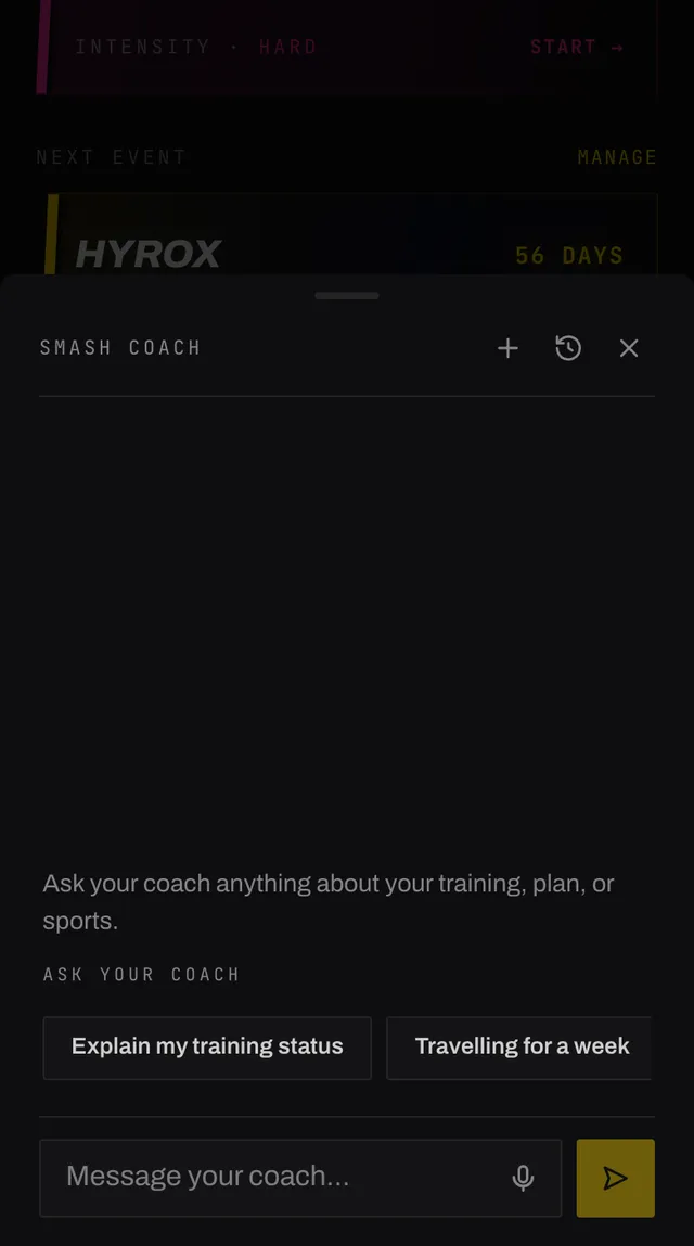 The coach chat sheet with an introduction from the coach, suggestion chips and a message box