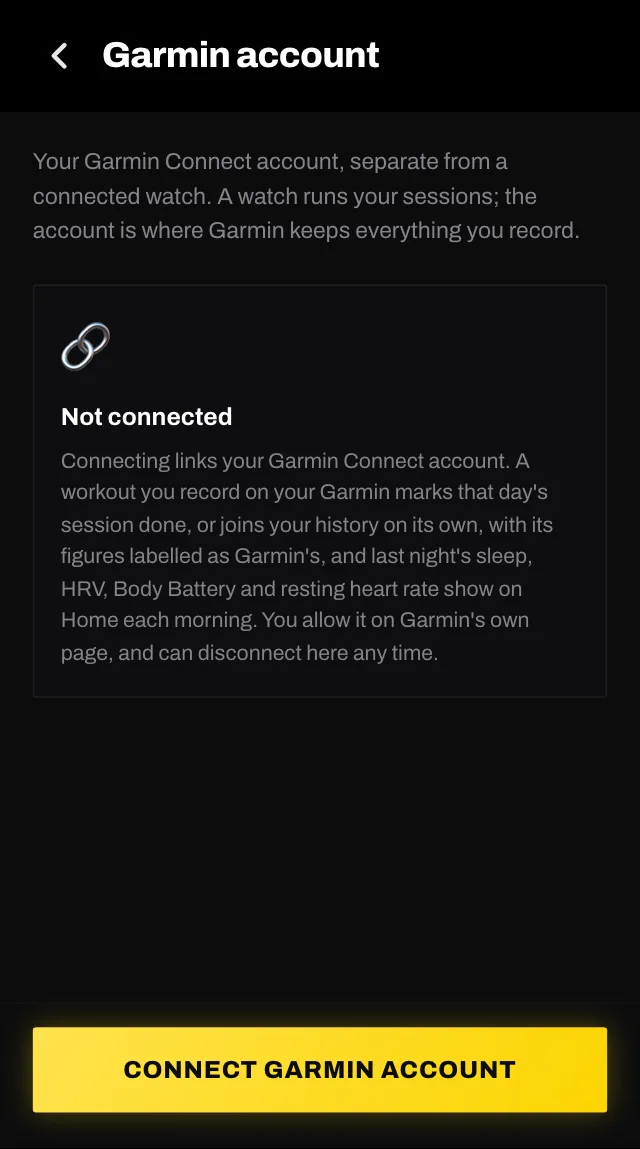 The Garmin account screen in Smash Coach, not yet connected, explaining what connecting does and a CONNECT GARMIN ACCOUNT button