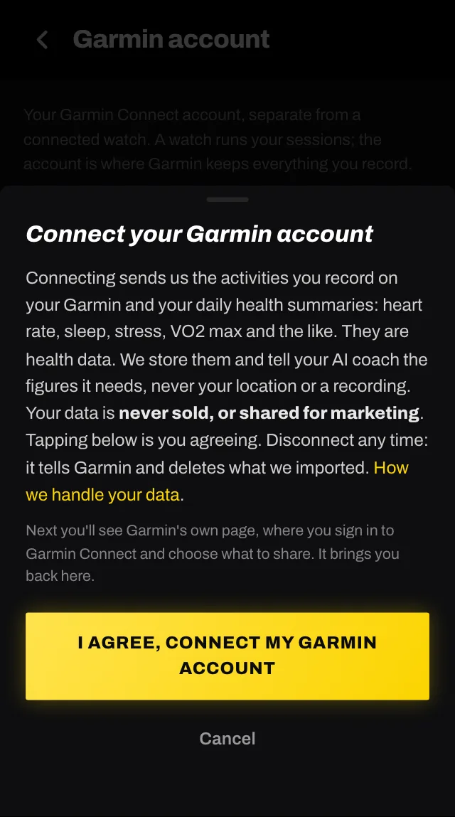 The agreement sheet before Garmin's page, saying what connecting sends, that it is health data and never sold, with an I agree button