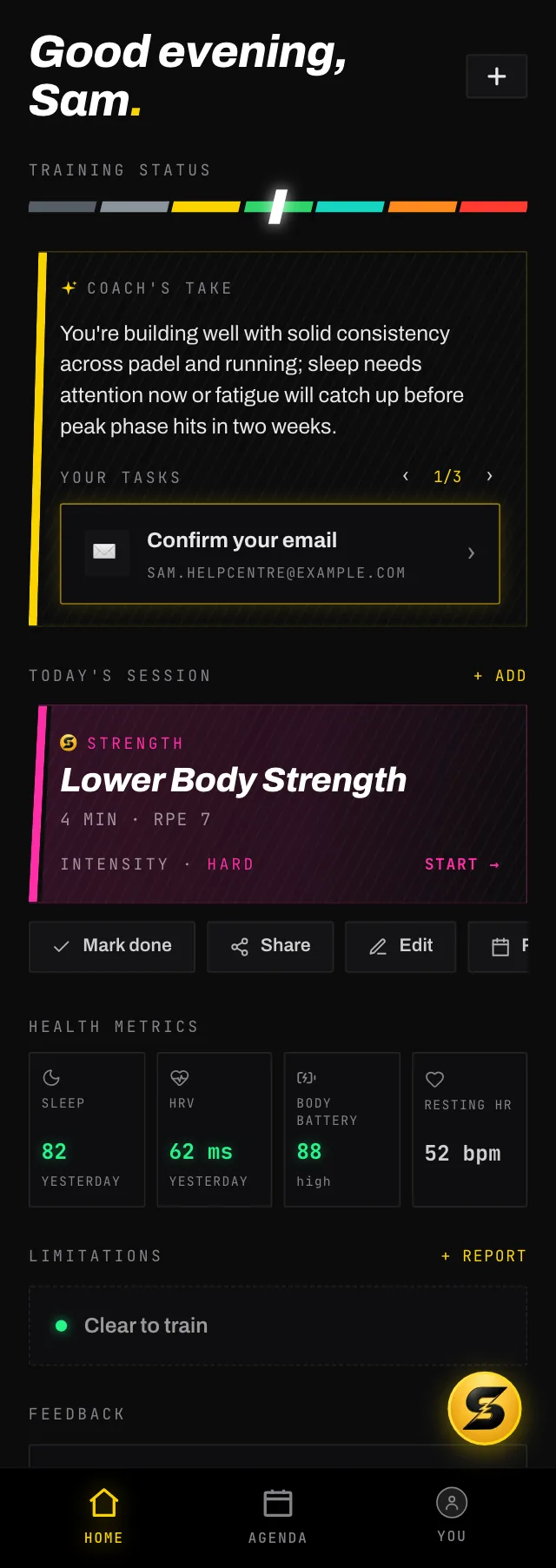 The Smash Coach home screen with a Garmin account connected, showing HEALTH METRICS after today's session: a sleep score of 78 in lime, HRV in green, Body Battery and resting heart rate