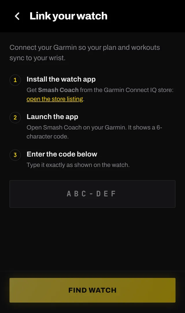 The Link your watch screen in Smash Coach, with the three setup steps and an empty code field reading ABC-DEF