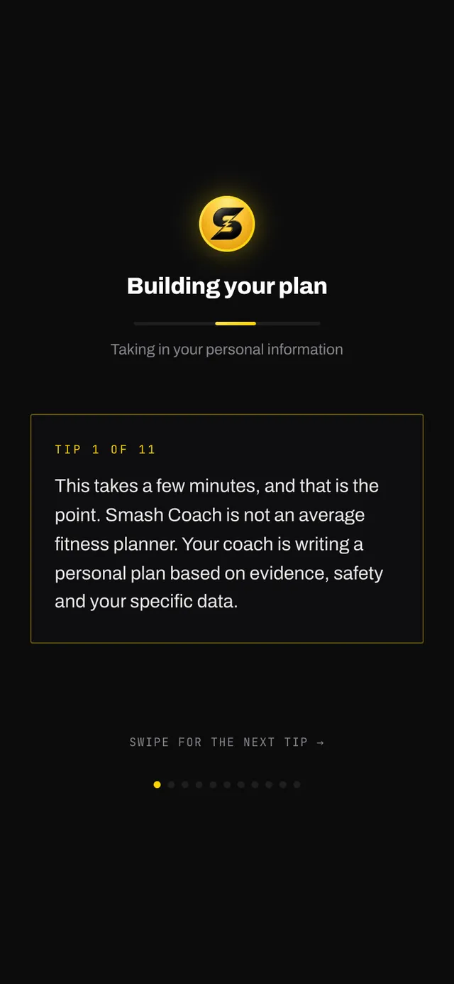 The building your plan screen with a progress note and a tip explaining that the coach is writing a personal plan