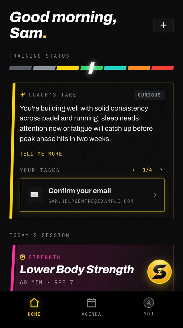 The Smash Coach home screen showing training status, the coach take card, a task, and today's session