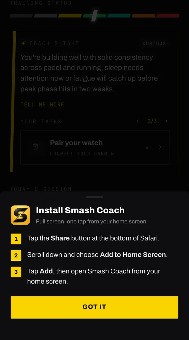 The install Smash Coach sheet with numbered steps for adding the app to the home screen