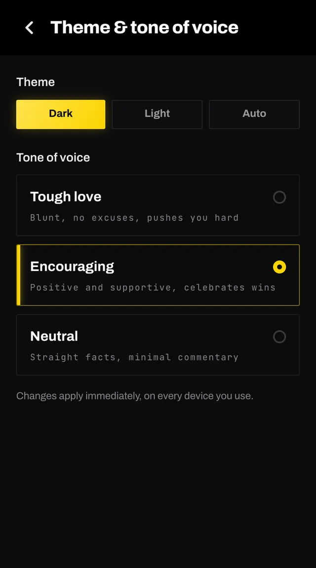 The theme and tone of voice screen with dark, light and auto options and three tone cards