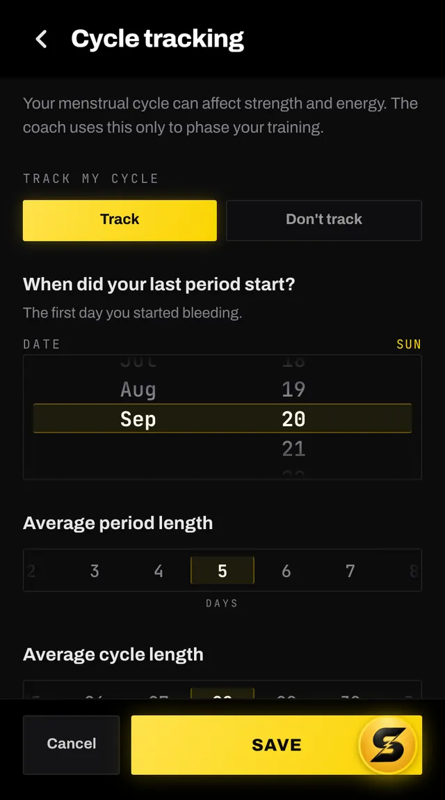 The cycle tracking screen with a track my cycle toggle and questions about the last period and cycle length