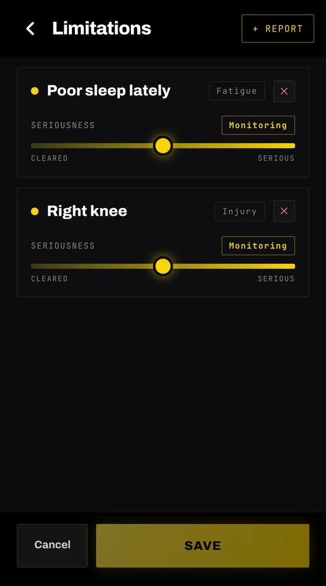 The limitations screen listing a poor sleep flag and a right knee injury, each with a seriousness slider