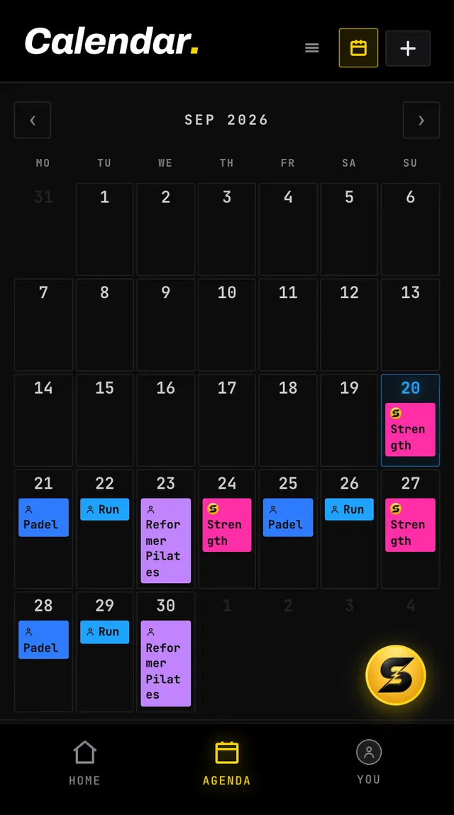 The month calendar with coloured session pills on several days and a legend reading planned, done, skipped and event