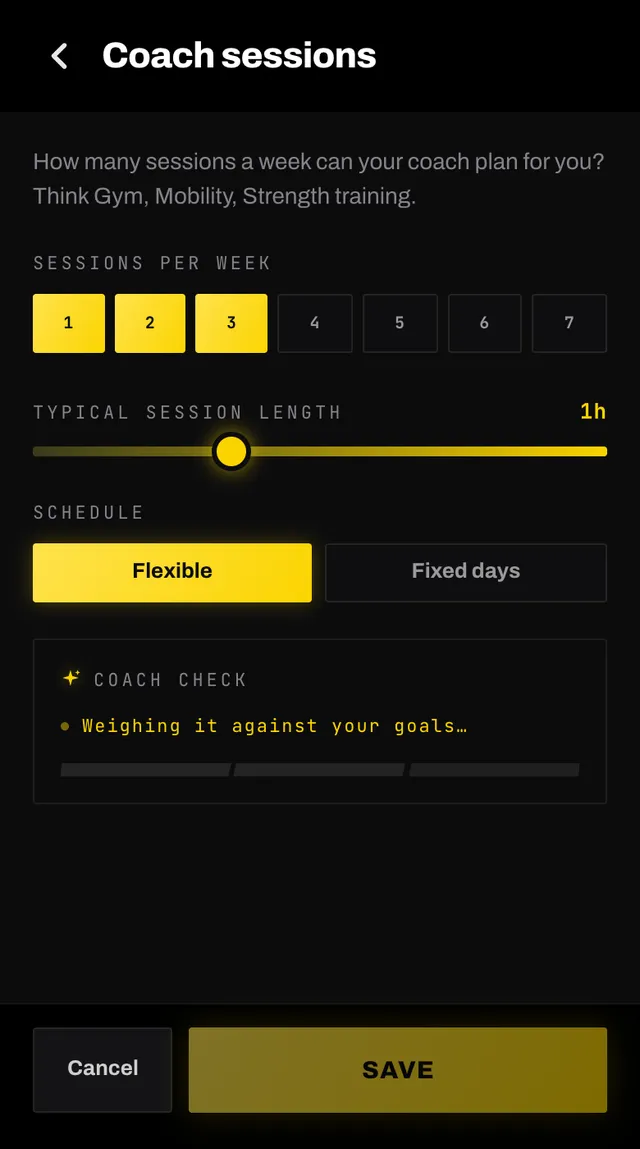 The coach sessions panel with pills for sessions per week, a flexible or fixed days toggle and a session length slider