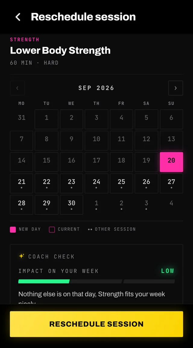 The reschedule screen with a month calendar, a legend for new day, current and other session, and a coach check card