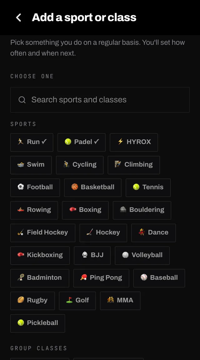 The add a sport or class picker with a search field and chips grouped under sports and group classes