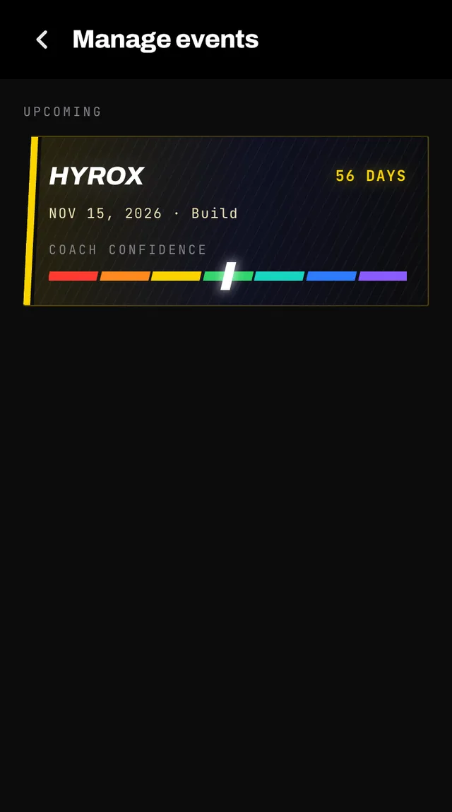 The manage events screen showing an upcoming HYROX race with a countdown and a coach confidence bar