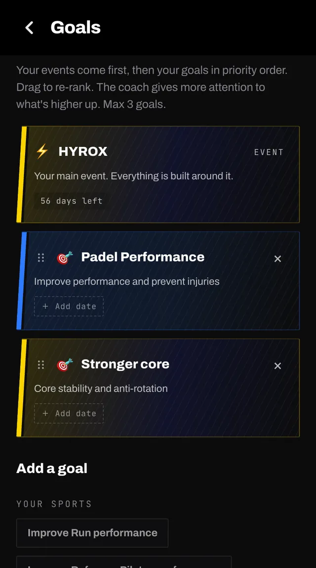 The goals screen with a HYROX event card pinned at the top and two ranked goal cards below it