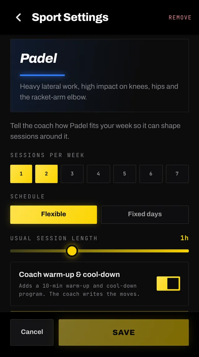 The sport settings screen for padel showing sessions per week pills, a flexible or fixed days toggle and a session length slider