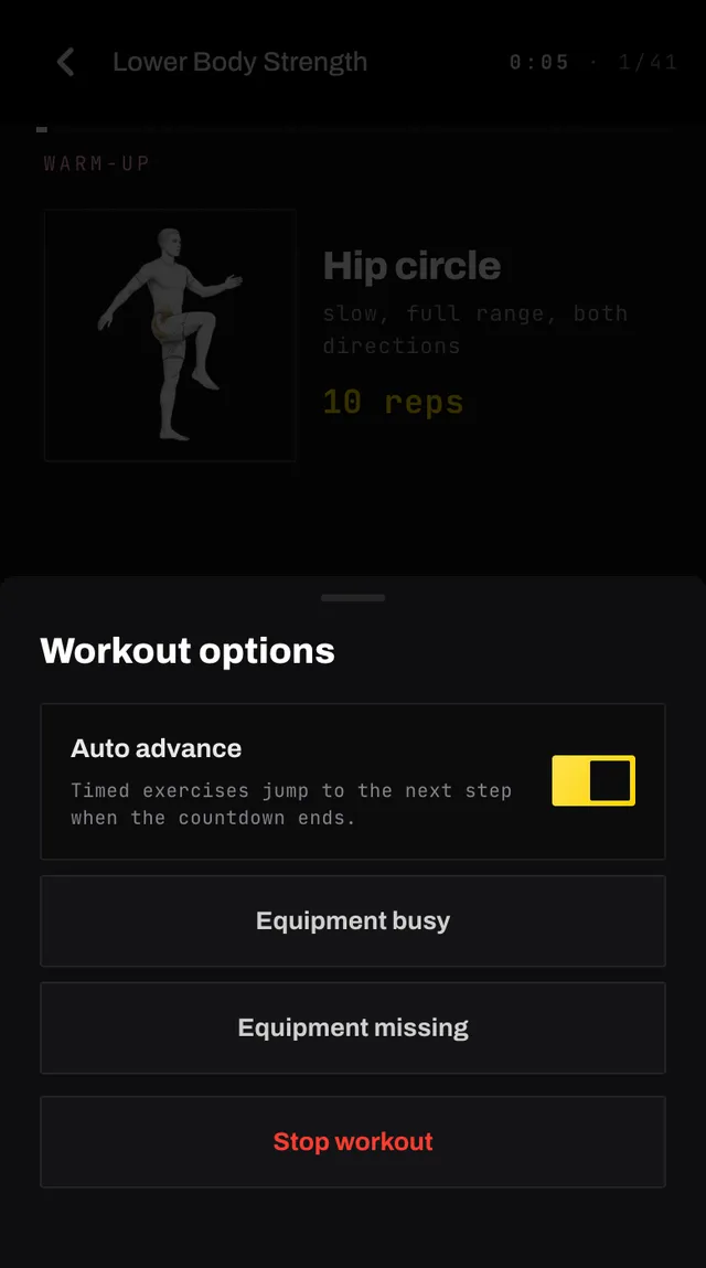 The workout options sheet with an auto advance toggle, equipment busy and equipment missing buttons and a red stop workout button