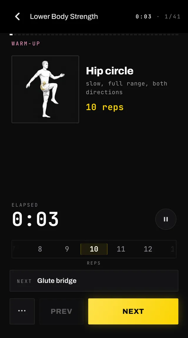 Workout mode showing a warm-up hip circle with its sketch, a target of ten reps, the elapsed timer, a reps wheel and the next and previous buttons