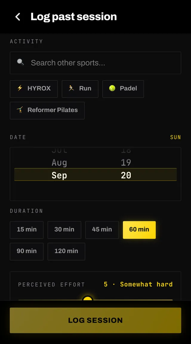 The log past session screen with an activity picker, a date picker, duration pills and a perceived effort slider