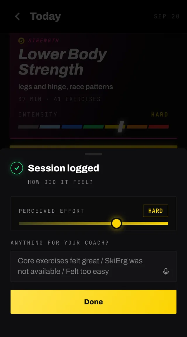 The session logged sheet asking how did it feel, with a perceived effort slider reading hard and a note field