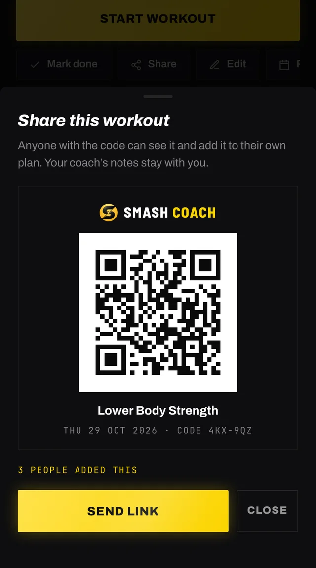 The share this workout sheet with a Smash Coach QR code, the workout name, its date and code, how many people added it, and a send link button beside a close button