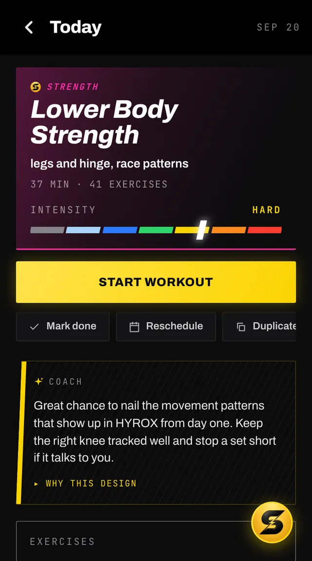A workout screen in Smash Coach showing the title Lower Body Strength, the estimated time and exercise count, an intensity reading of hard, and a start button